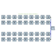 Top-down view of a RAIN 36 Pot 4 Row 30L Compact Header Kit with 36 square modules in 4 rows and connecting pipes.