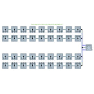 Diagram of a RAIN 36 Pot 4 Row 30L Remote Header Kit, showing 36 square pots connected by grey and blue pipes.