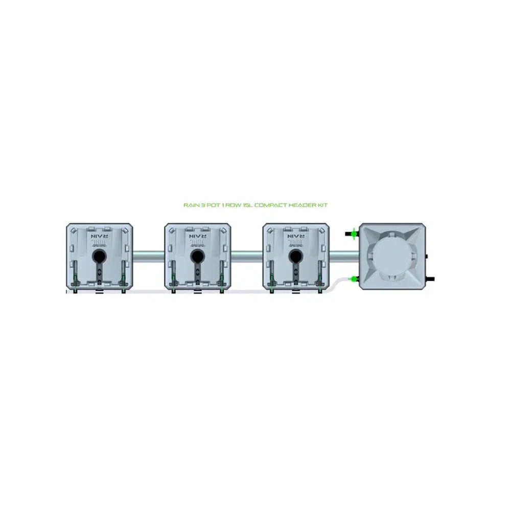RAIN 3 Pot 1 Row 15L Compact Header Kit: three grey pots linked by pipes to a square header unit on a white background.