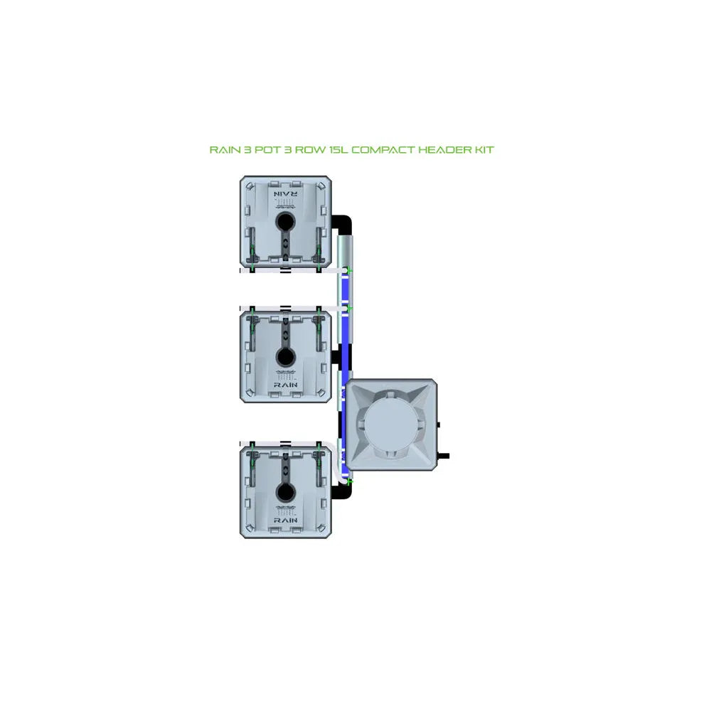 RAIN 3 Pot 3 Row 15L Compact Header Kit diagram. Three stacked pots connect to a header and reservoir.