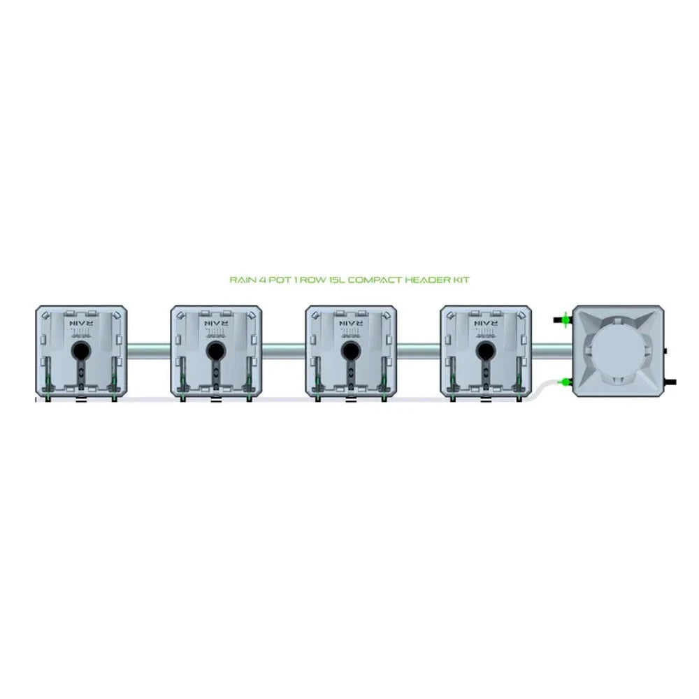 Overhead view of RAIN 4 POT 1 ROW 15L COMPACT HEADER KIT, featuring four square pots connected in a line.