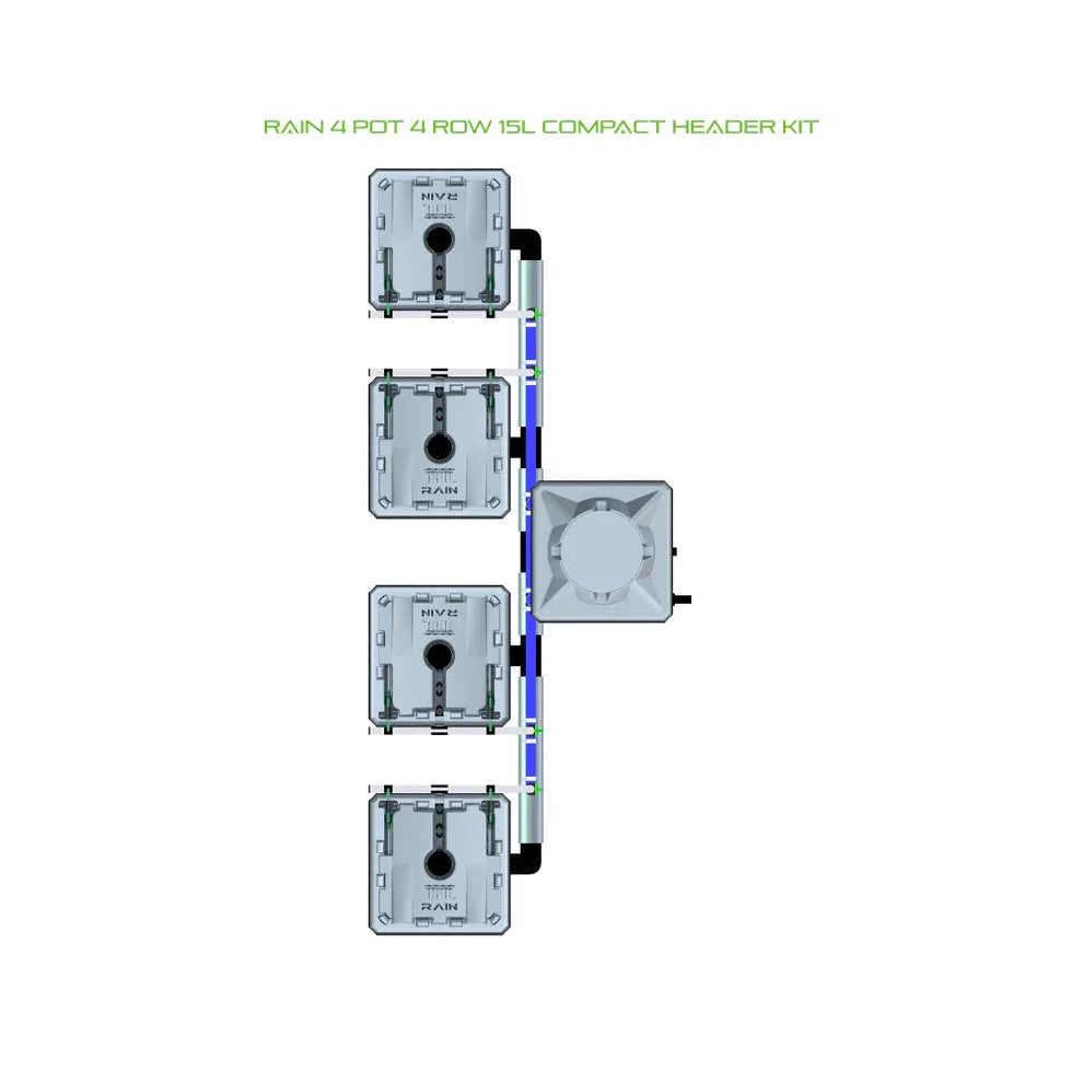 Overhead RAIN 4 Pot 4 Row 15L Compact Header Kit: four square grow pots connected to a central manifold.