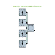 Overhead RAIN 4 Pot 4 Row 15L Compact Header Kit: four square grow pots connected to a central manifold.