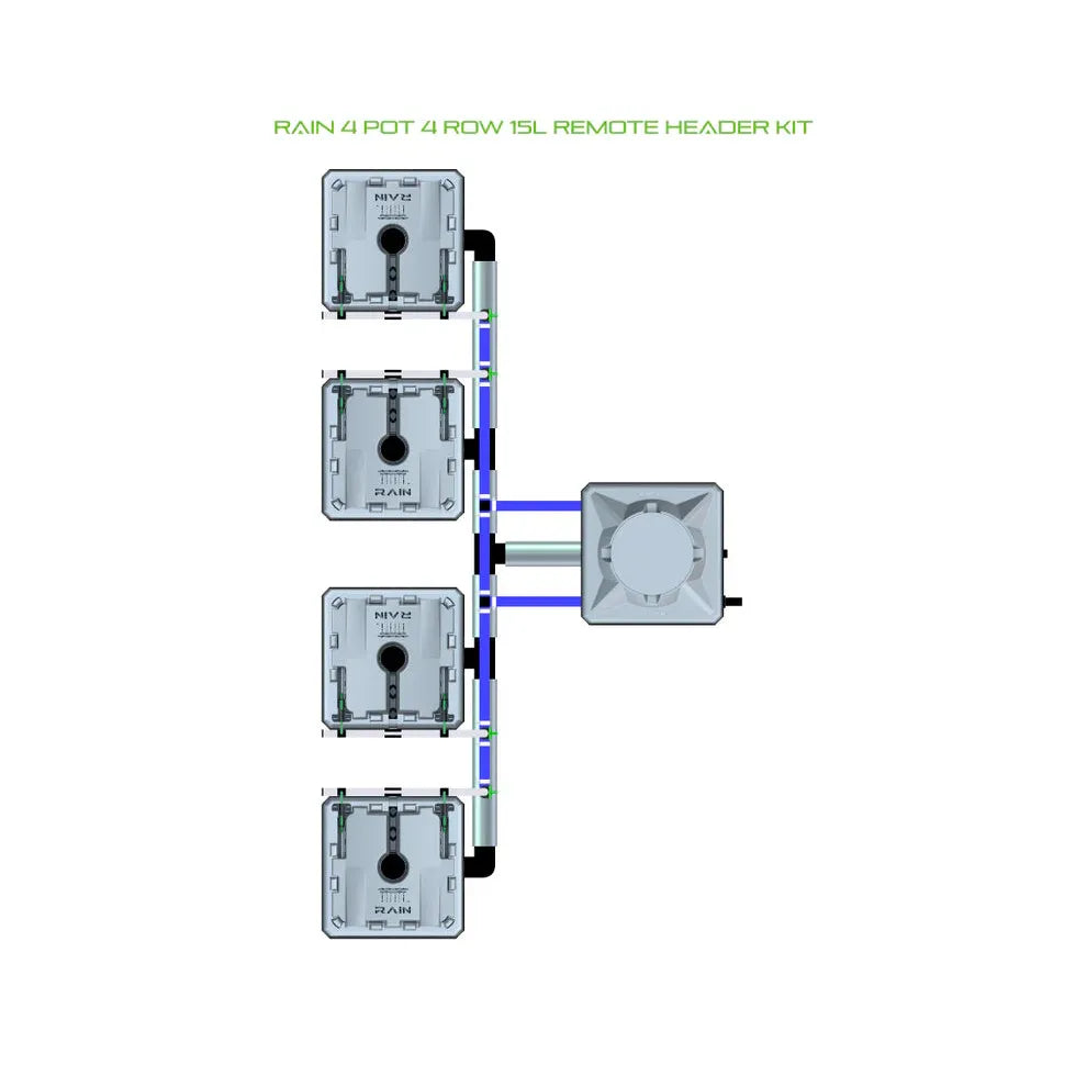 RAIN 4 Pot 4 Row 15L Remote Header Kit. Four square pots in a vertical line connected to a grey central header unit.