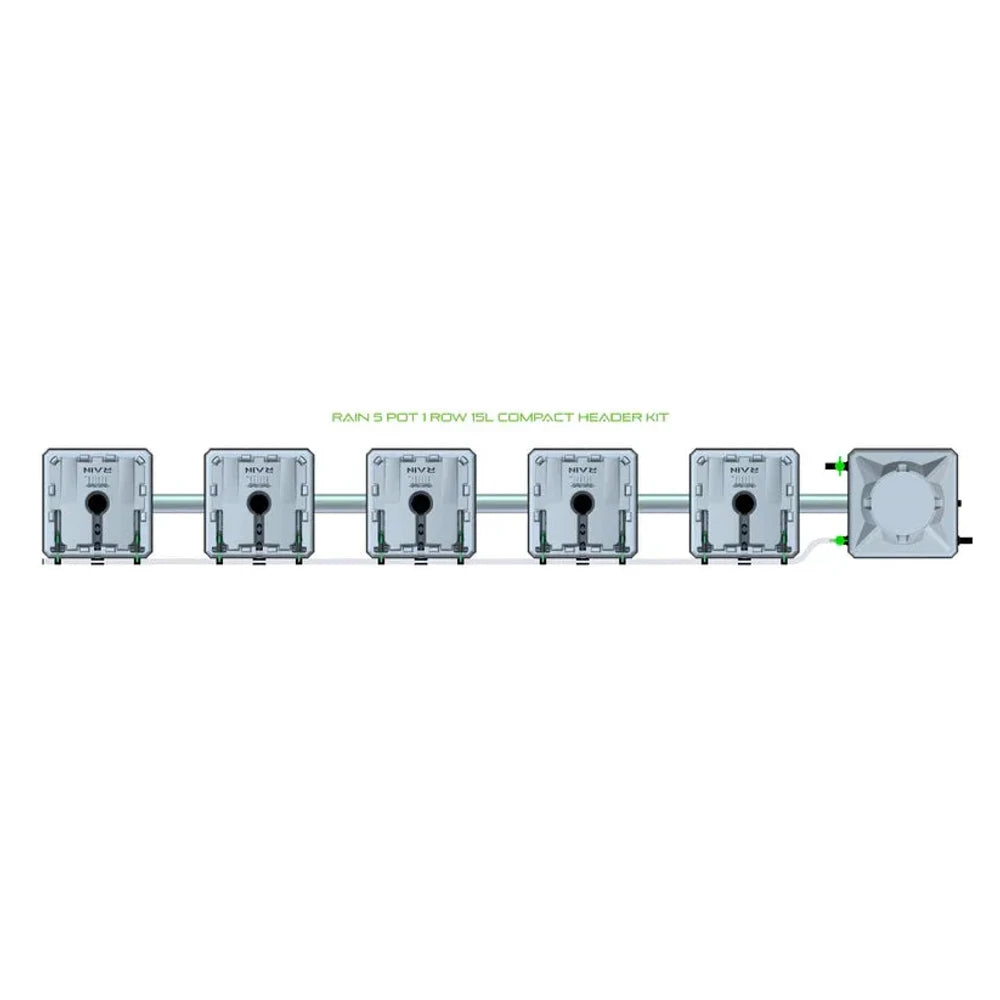 RAIN 5 POT 1 ROW 15L COMPACT HEADER KIT: five grey square pots in a line, linked by a pipe to a header unit.