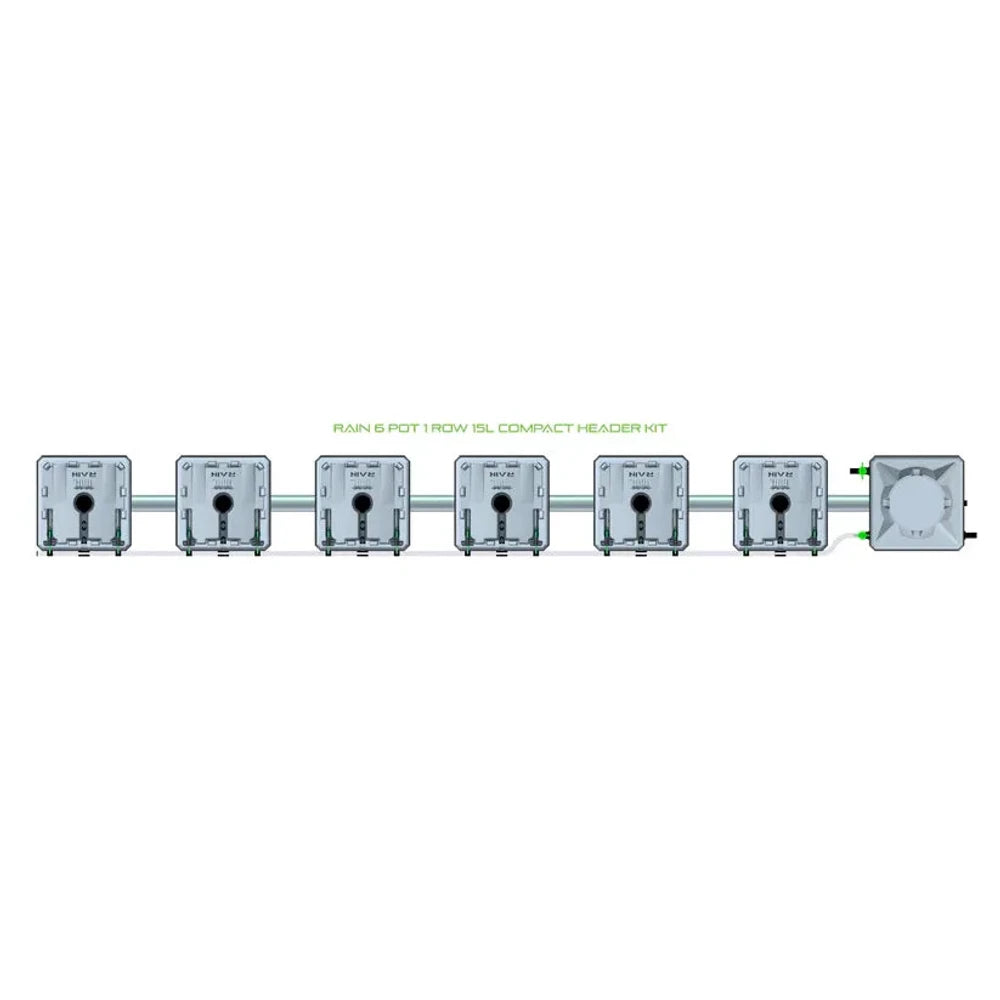 RAIN 6 Pot 1 Row 15L Compact Header Kit, gray hydroponic system with six connected square grow pots and a reservoir.