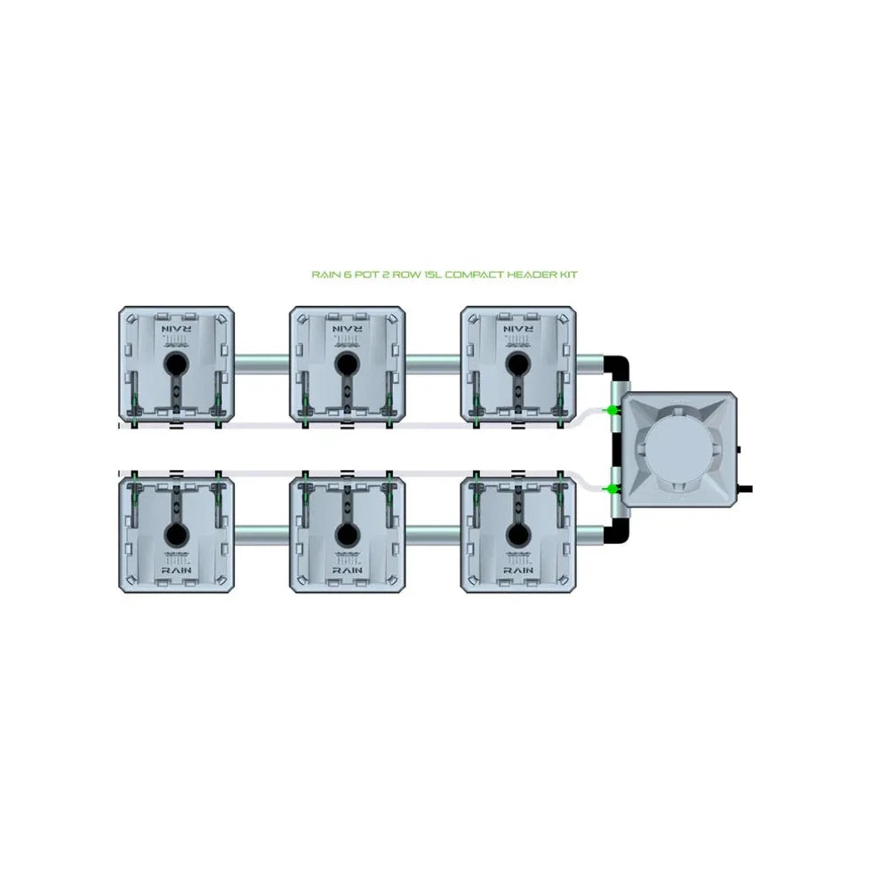 RAIN 6 Pot 2 Row 15L Compact Header Kit: Six grey pots in a 2x3 grid, piped to a larger grey header tank.