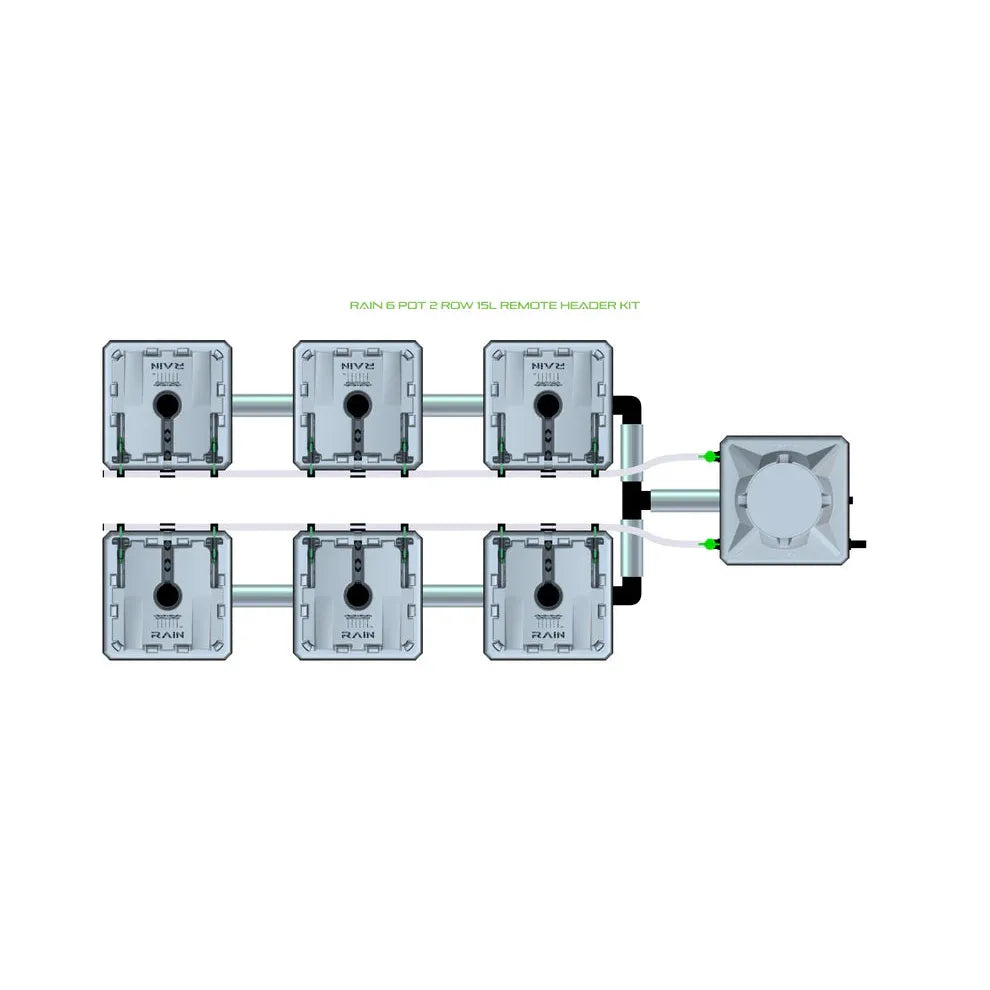 Top-down view of RAIN 6 Pot 2 Row 15L Remote Header Kit showing six grey units in two rows connected to a central header.