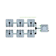 Top-down view of RAIN 6 Pot 2 Row 15L Remote Header Kit showing six grey units in two rows connected to a central header.