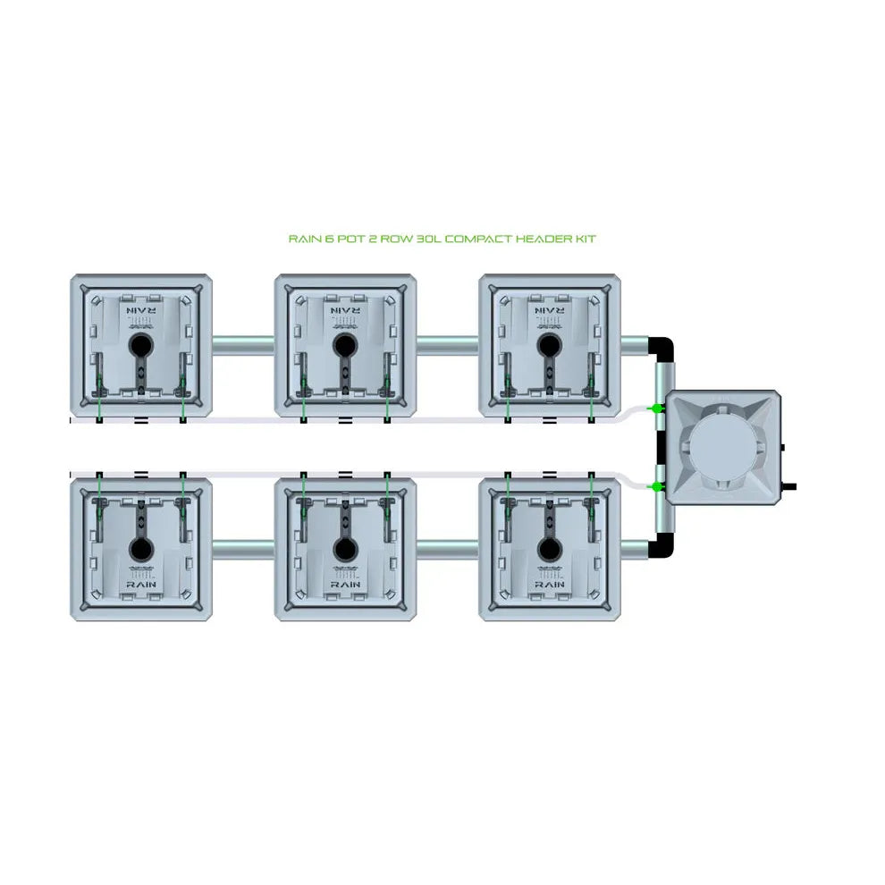 RAIN 6 Pot 2 Row 30L Compact Header Kit for hydroponics, showing 6 pots connected to a central reservoir.