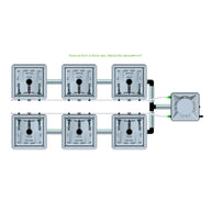 Overhead view of a RAIN 6 Pot 2 Row 30L Remote Header Kit, showing six grey square pots and white piping.