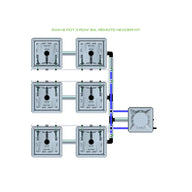 RAIN 6 Pot 3 Row 30L Remote Header Kit diagram. Six square pots in 3 rows, connected to a header and reservoir.