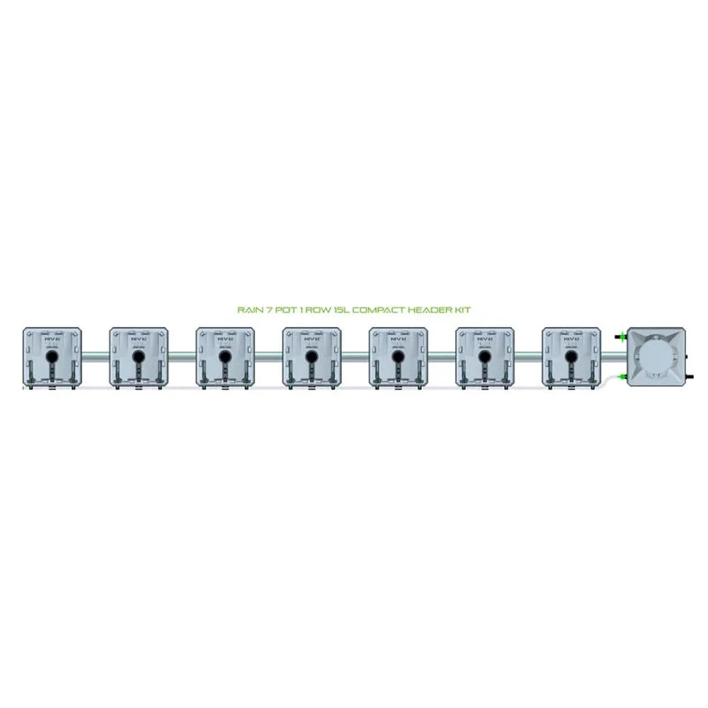 RAIN 7 Pot 1 Row 15L Compact Header Kit: Seven grey square hydroponic pots in a row, connected to a header.