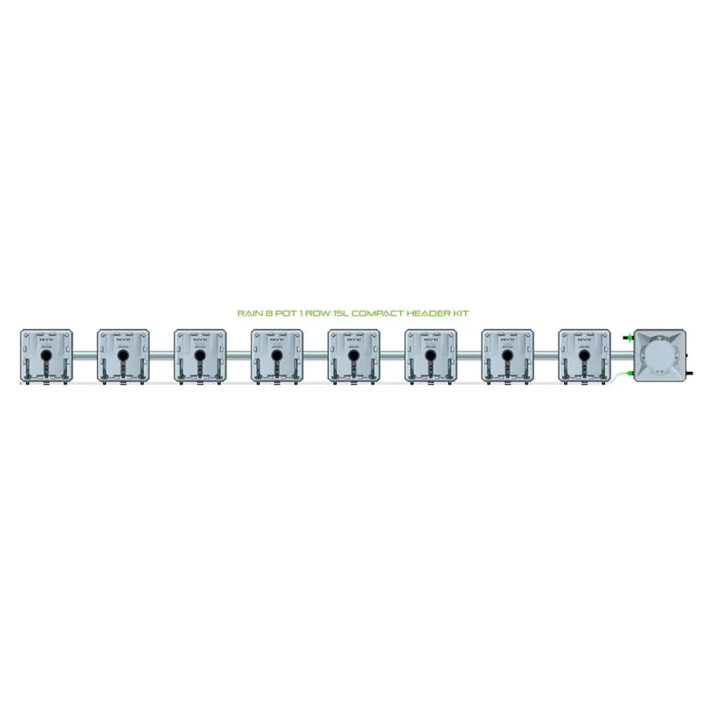 RAIN 8 POT 1 ROW 15L COMPACT HEADER KIT, displaying eight grey square pots connected in a single line to a header.