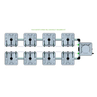 Overhead view of a RAIN 8-pot, 2-row, 15L compact header hydroponic kit, showing grey square modules connected by tubes.
