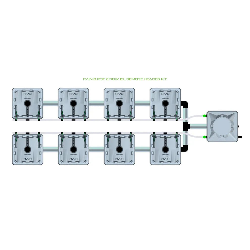 Overhead view of RAIN 8 Pot 2 Row 15L Remote Header Kit: 8 square modules in two rows connected to a central reservoir.