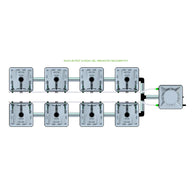 Overhead view of RAIN 8 Pot 2 Row 15L Remote Header Kit: 8 square modules in two rows connected to a central reservoir.