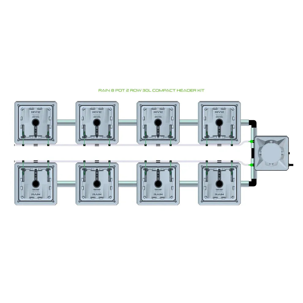 RAIN 8 Pot 2 Row 30L Compact Header Kit: 8 grey square pots in two rows connected to a header tank.