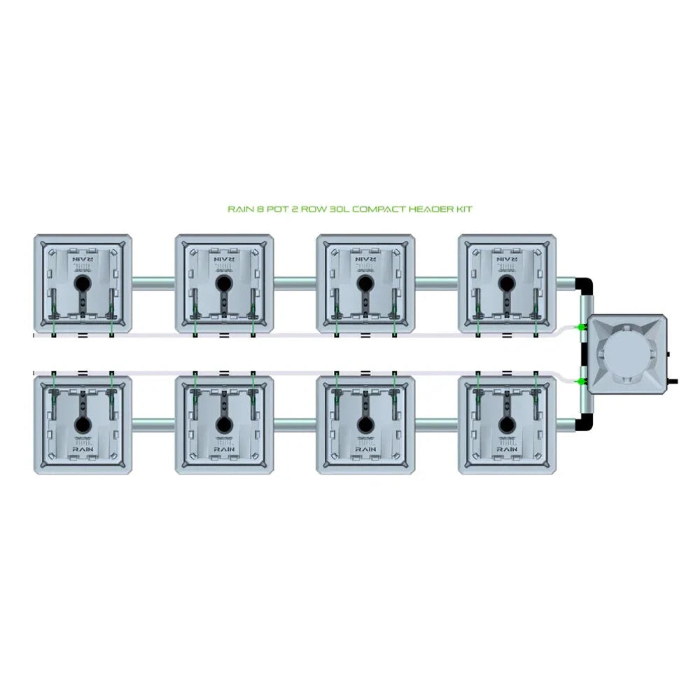 RAIN 8 Pot 2 Row 30L Compact Header Kit: 8 grey square pots in two rows connected to a header tank.