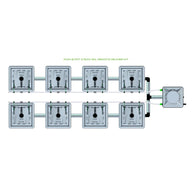 Overhead view of a RAIN 8-pot, 2-row, 30L remote header irrigation kit, connecting square pots to a central unit.