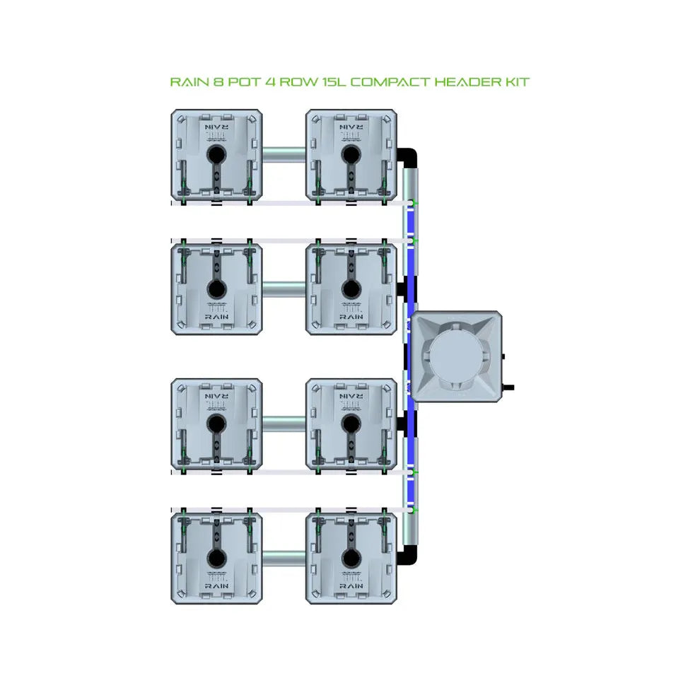 RAIN 8 Pot 4 Row 15L Compact Header Kit hydroponic system diagram: 8 grey pots in 4 rows, connected to a header.