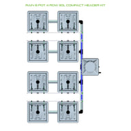 Overhead view of a RAIN 8 pot, 4-row, 30L hydroponic system with a compact header kit. Gray pots linked by pipes.