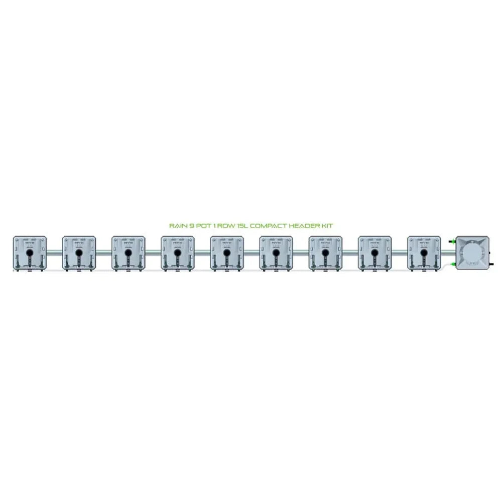 RAIN 9 Pot 1 Row 15L Compact Header Kit, featuring nine grey square modules connected in a line with a header unit.