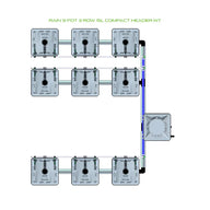 Diagram of a RAIN 9 pot, 3-row, 15L compact header kit hydroponic system with reservoir and piping.