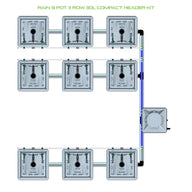 Diagram: RAIN 9-pot, 3-row, 30L compact header kit with square hydroponic pots, main pipe, and water reservoir.
