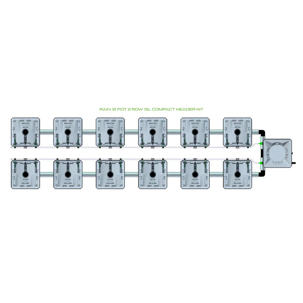 RAIN 12 Pot 2 Row 15L Compact Header Kit for hydroponics, with 12 grey modules in two rows connecting to a central reservoir.
