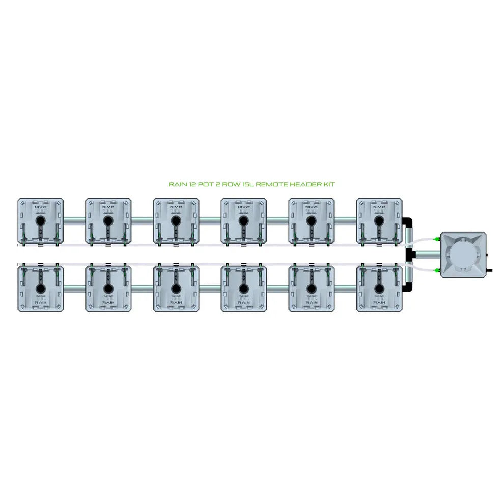 Diagram of RAIN 12 Pot 2 Row 15L Remote Header Kit. 12 grey pot trays in two rows, connected via piping to a reservoir.