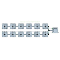 Diagram of RAIN 12 Pot 2 Row 15L Remote Header Kit. 12 grey pot trays in two rows, connected via piping to a reservoir.