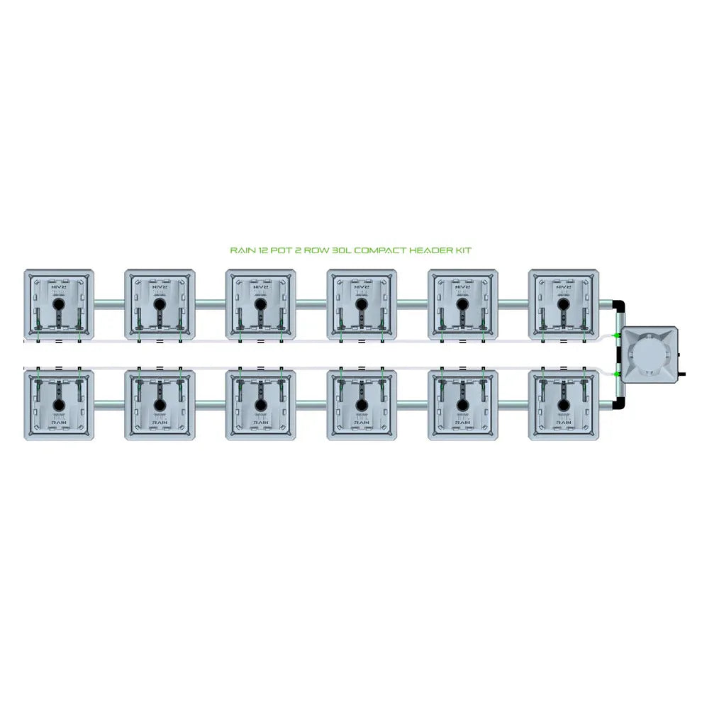 Overhead view: RAIN 12 Pot 2 Row 30L Compact Header Kit. 12 square hydroponic pots in 2 rows, connected to a pump.