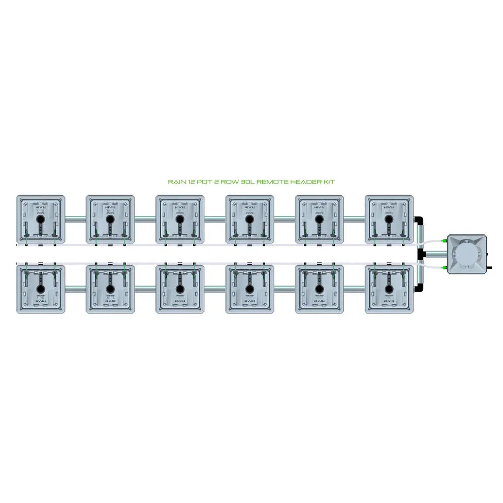RAIN 12 Pot 2 Row 30L Remote Header Kit, showing 12 grey square units connected in two rows to a header.