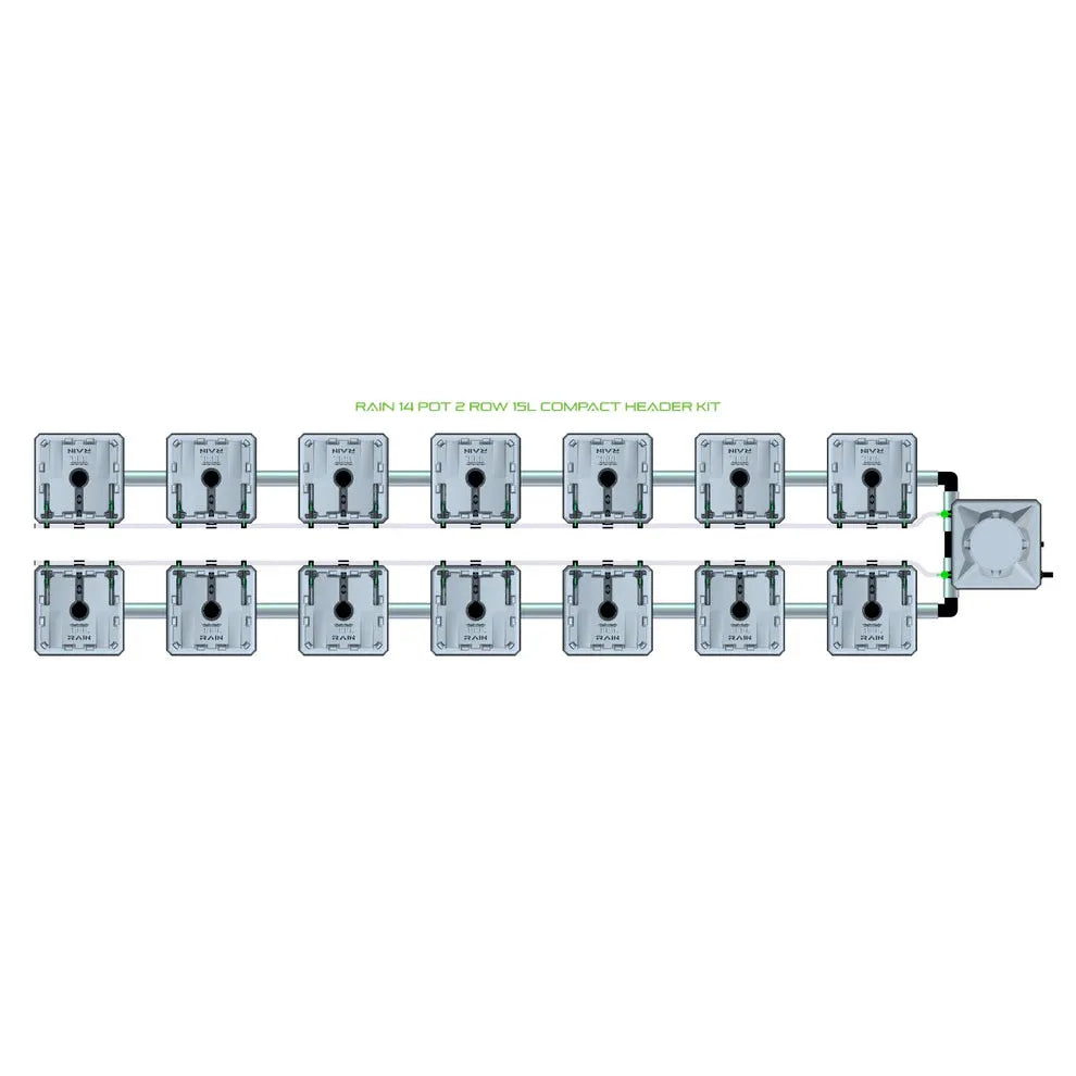 RAIN 14 Pot 2 Row 15L Compact Header Kit diagram, showing 14 grey rectangular hydroponic pots in two rows.