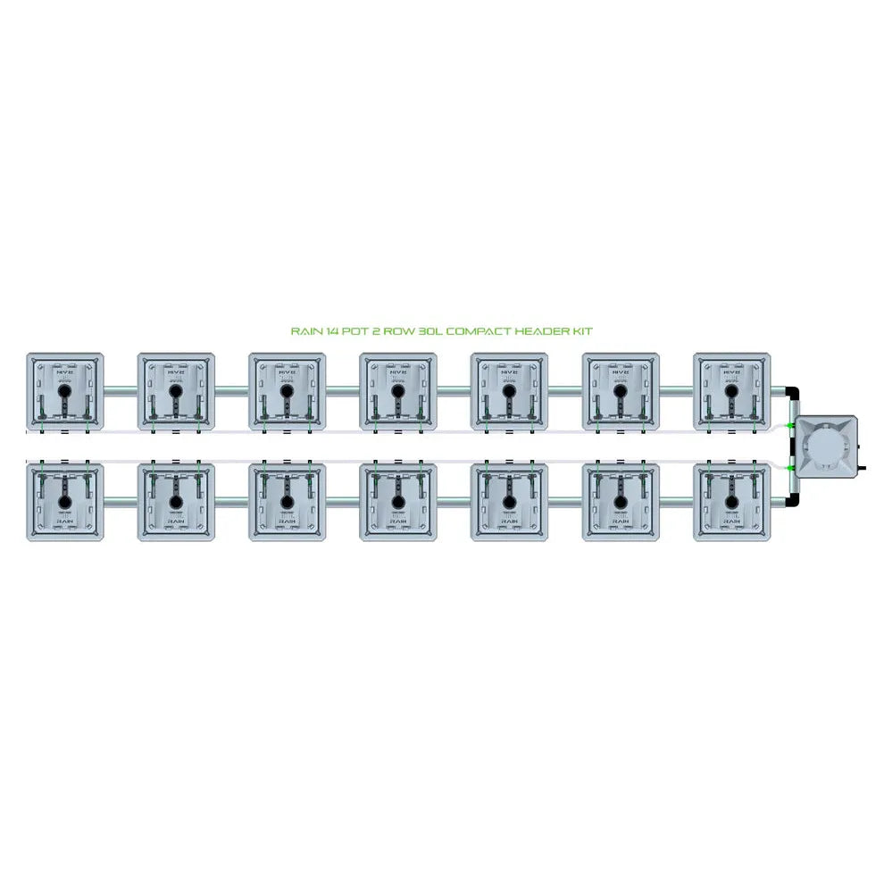 RAIN 14 Pot 2 Row 30L Compact Header Kit. Overhead view of a hydroponic system with 14 connected grey pots.