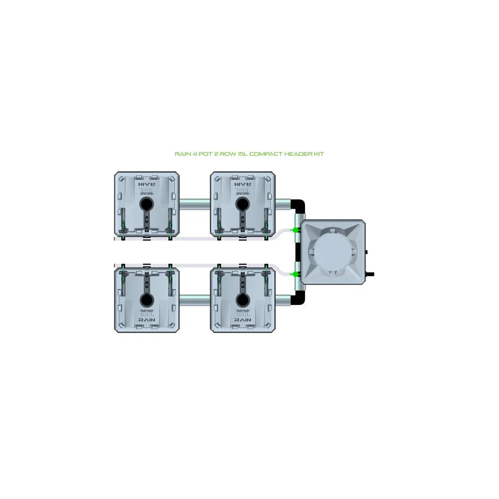 Overhead view of a RAIN 4 Pot 2 Row 15L Compact Header Kit, with four gray plant pots connected via black and green tubing.