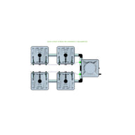 Overhead view of a RAIN 4 Pot 2 Row 15L Compact Header Kit, with four gray plant pots connected via black and green tubing.