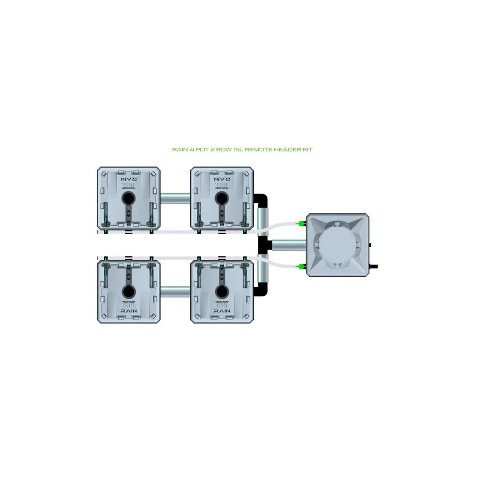 Diagram of a RAIN 4 Pot 2 Row 15L Remote Header Kit, showing four grey square modules connected to a central header.