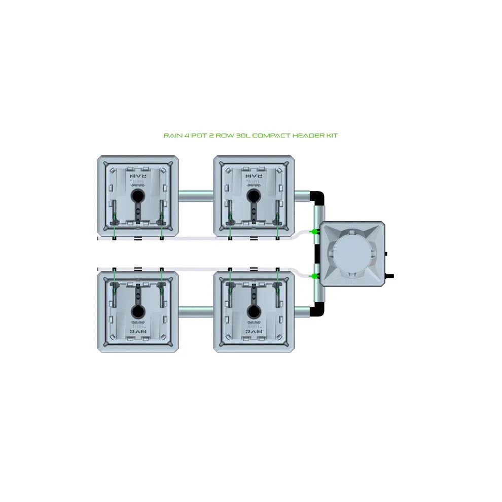 RAIN 4 Pot 2 Row 30L Compact Header Kit: top view of an irrigation system with 4 square grey planters & reservoir.