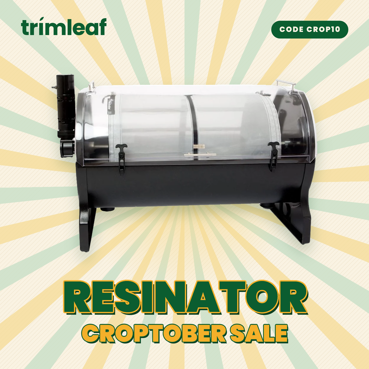 Trīmleaf Resinator sale banner with a product image and promotional text.