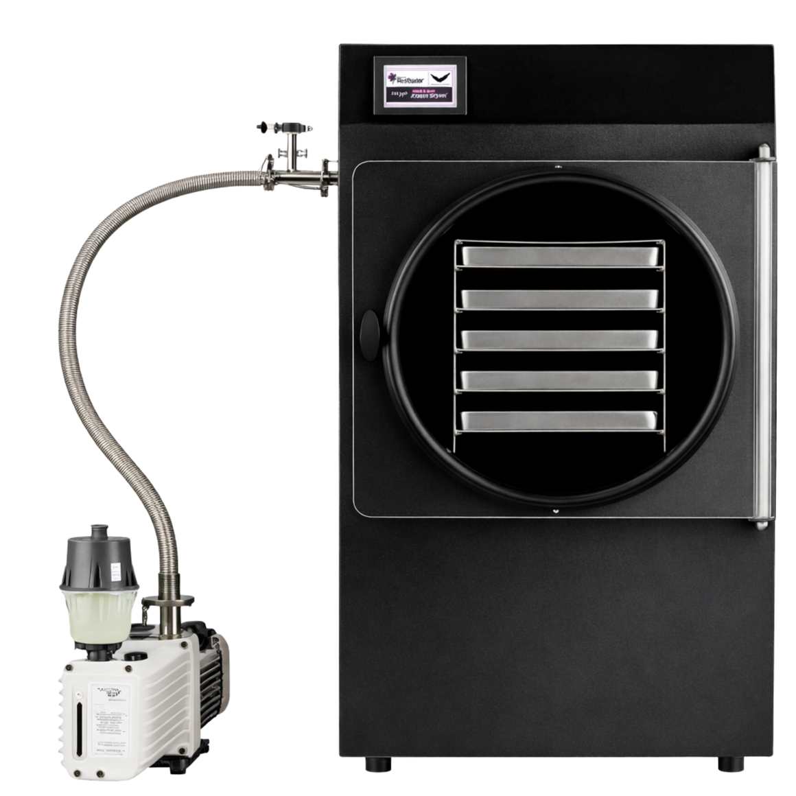 A Resinator large HiLyph Bud Dryer with vacuum pump and hose, black and white machine with stainless steel trays.