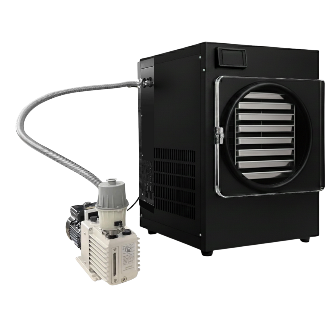 Black freeze dryer with a vacuum pump connected by a silver hose.