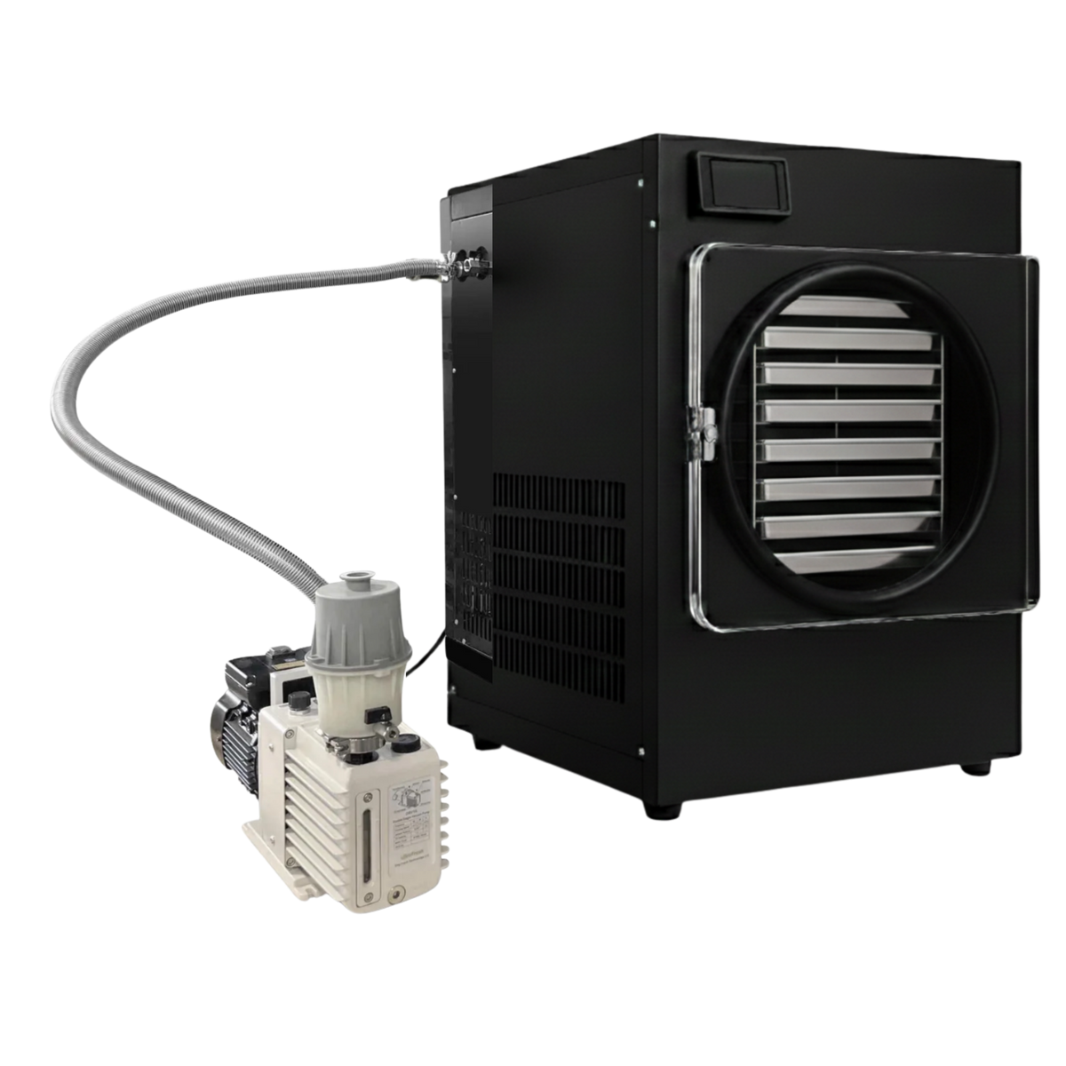 Black freeze dryer with a vacuum pump connected by a silver hose.