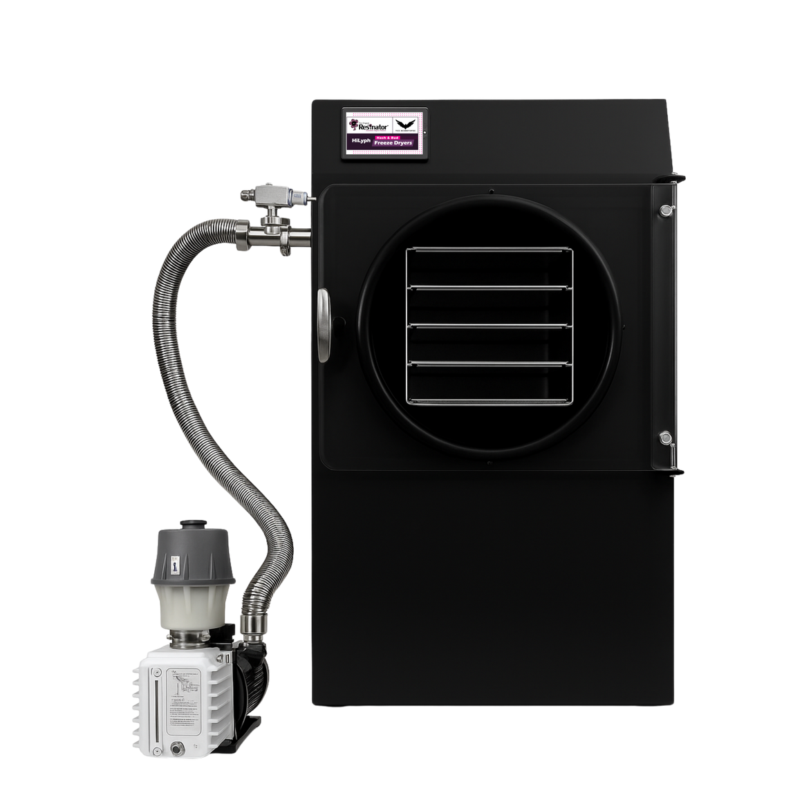 A black freeze dryer with a silver vacuum pump connected by a flexible hose.