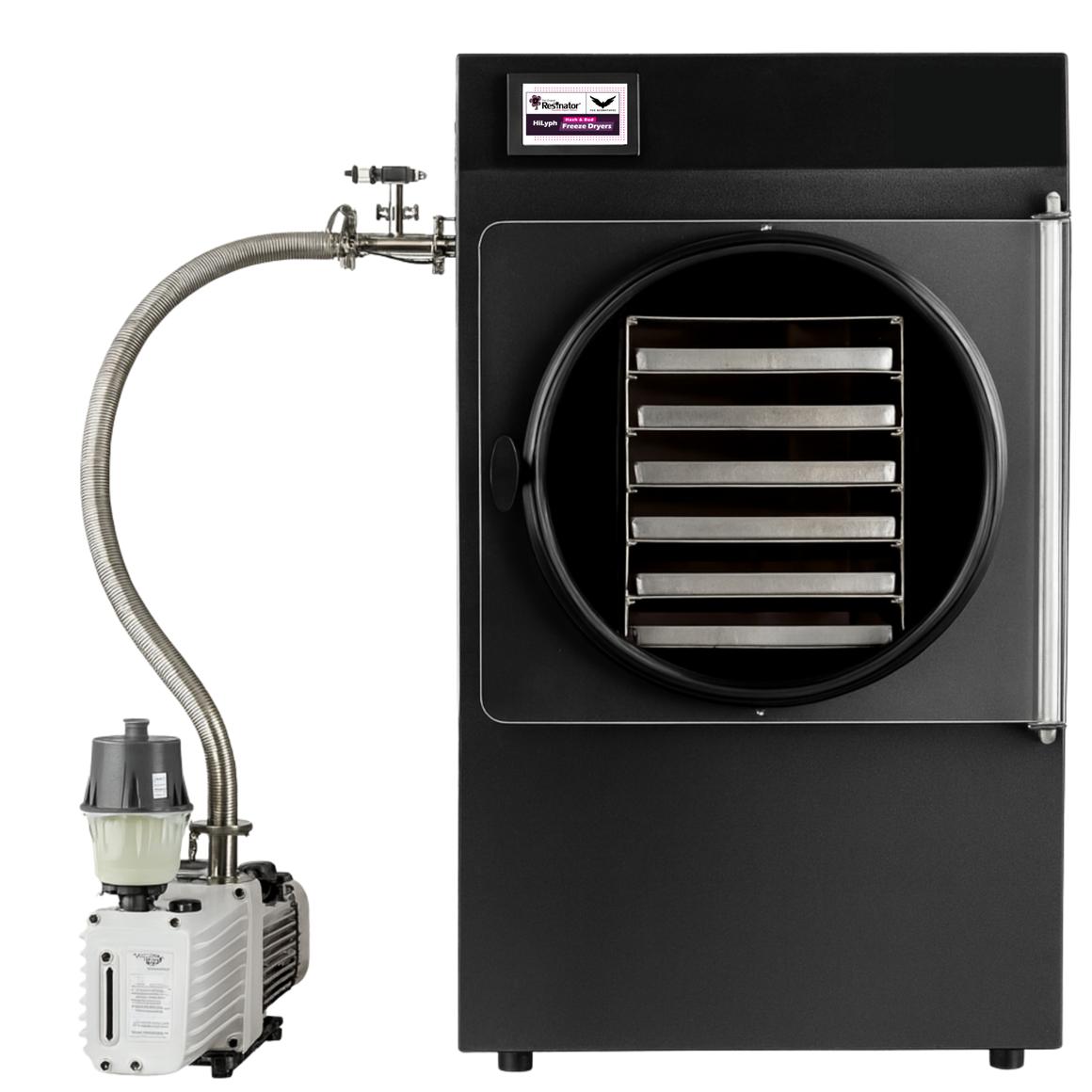 Resinator XL HiLyph freeze dryer with vacuum pump and flexible hose.