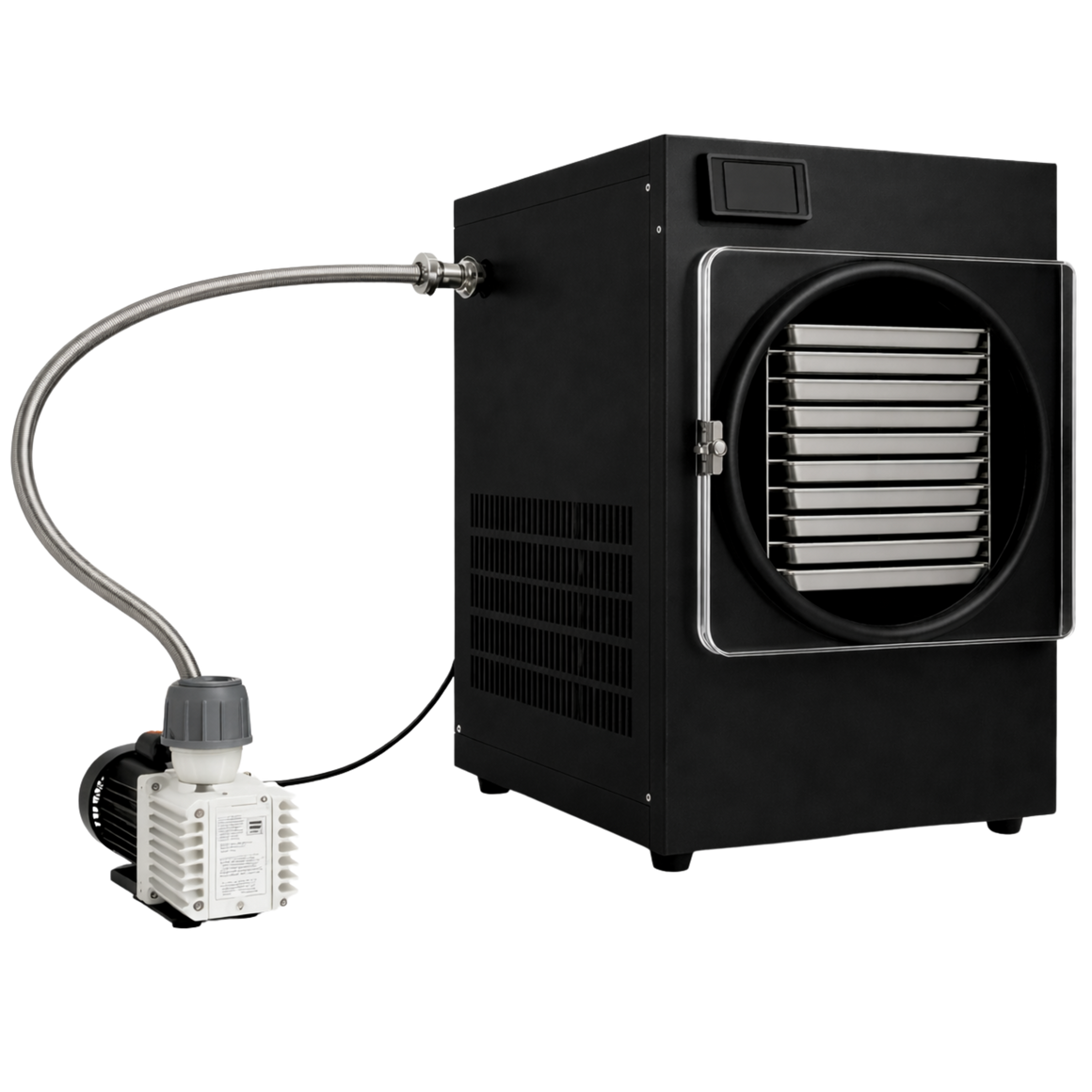 Black freeze dryer with vacuum pump and stainless steel trays.