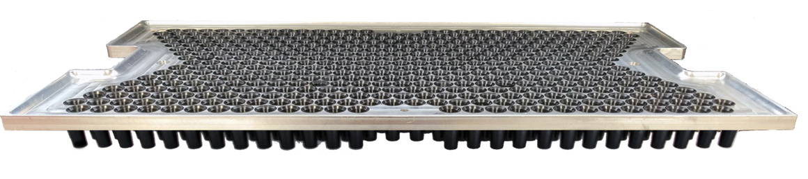 Adjustable aluminum tray with many circular holes filled with black tubes.