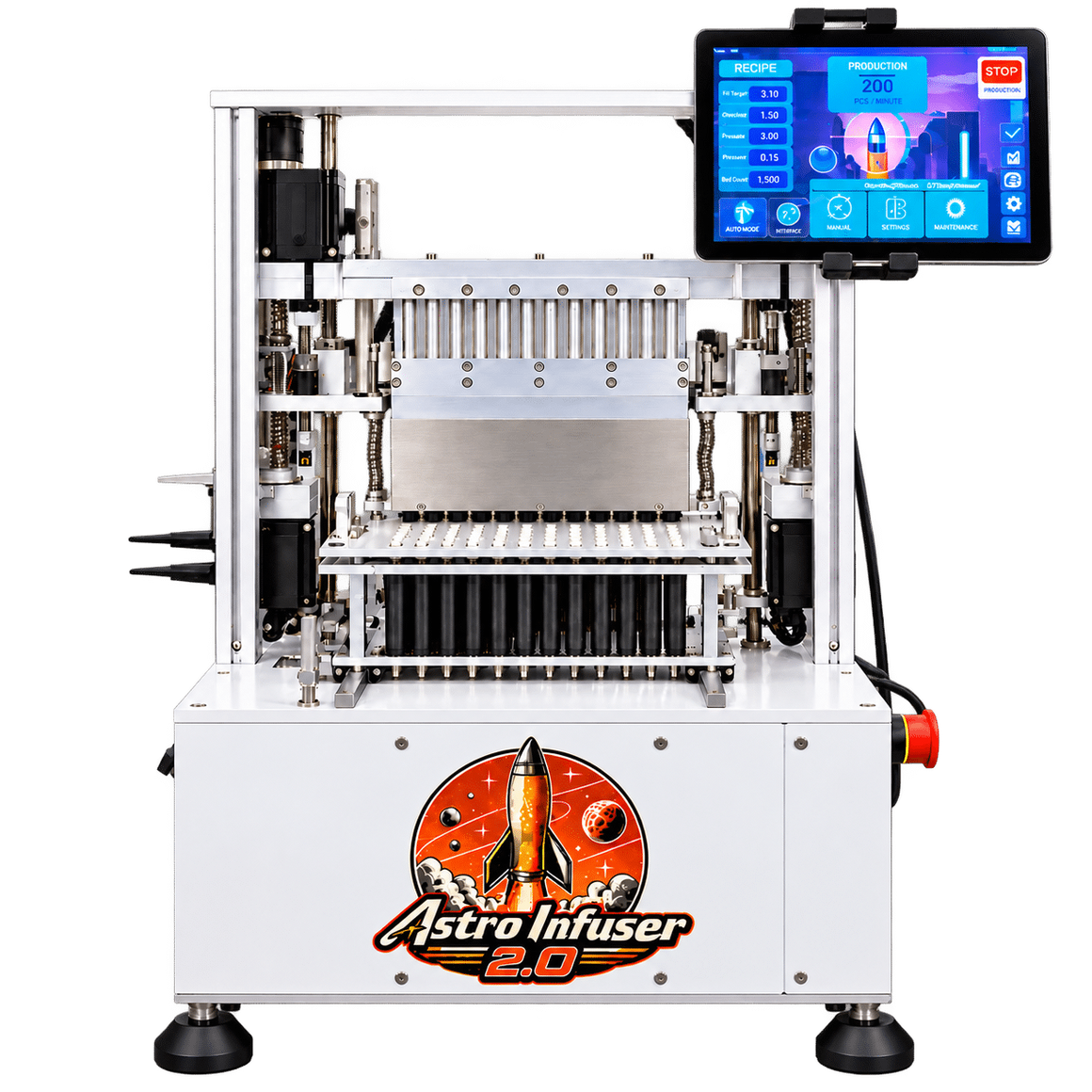 "Astro Infuser 2.0" machine with a touchscreen interface and rocket logo.