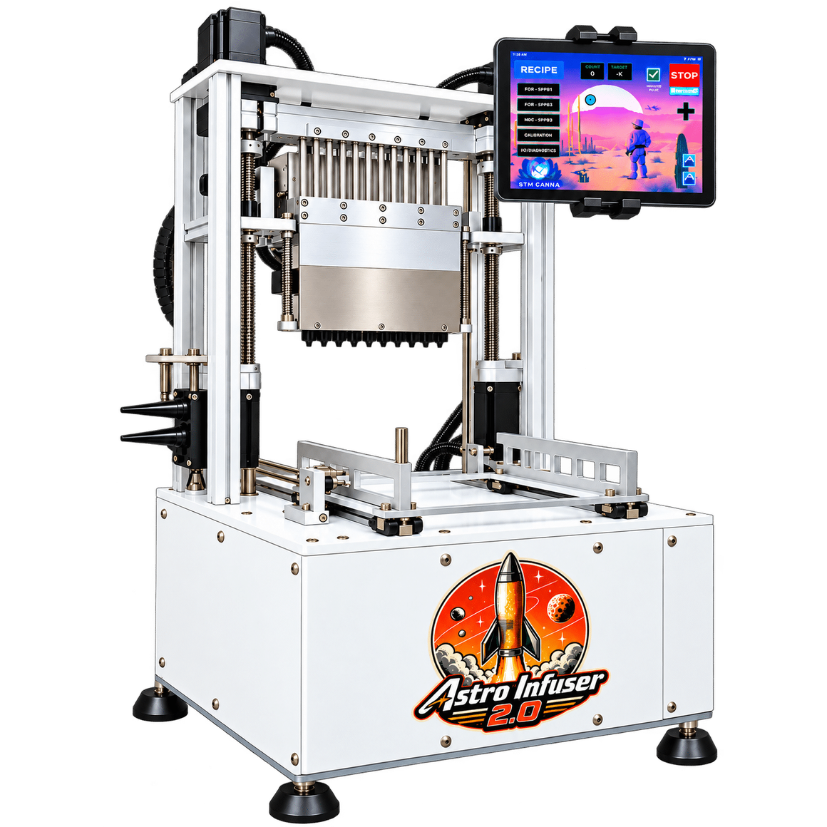 Astro Infuser 2.0: White industrial machine with tablet interface, robotic arms, and rocket logo.